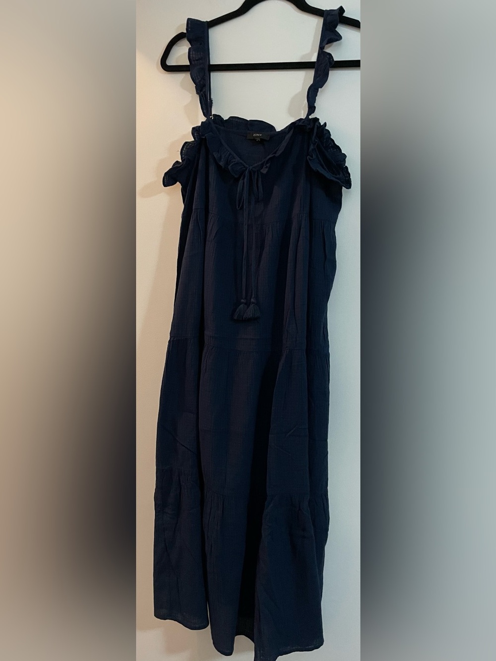J. Crew Navy Cotton Tiered Maxi Dress with Tassel Tie Sz.M